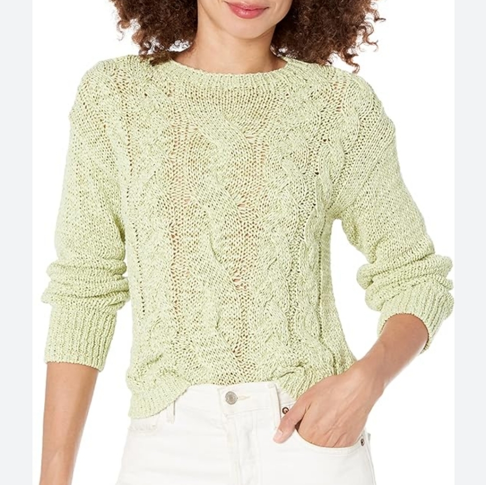Vince Pale Lime Green Textured Cable Knit Cotton Blend Crewneck Sweater NWT XL